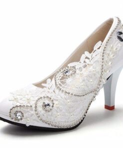 8cm White Crystal Lace Bead Flower Wedding Bridal Kitten Heels Pumps