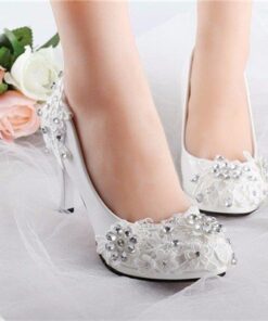 Lace Beaded Flower Wedding High Heel White Bridal Pumps