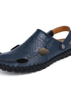 Men Beach Breathable Hollow Out Slip On Two Way Wearing Leather Sandals