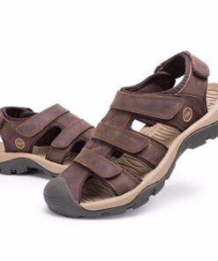 Men Leather Hollow Out Toe Protecting Hook Loop Outdoor Beach Sandals