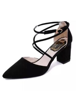 Pointed Toe Strappy Buackle Square Heel Lace Pumps