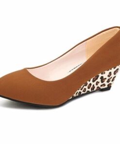 Pure Color Leopard Comfortable Elegant Slip On Wedge Heel Pumps