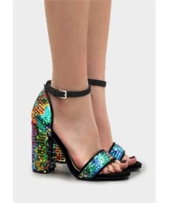 Sequined Ankle Strap Heeled Sandals