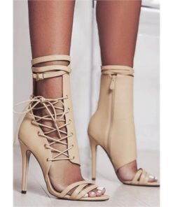 Solid Lace-Up Zipper Heeled Sandals